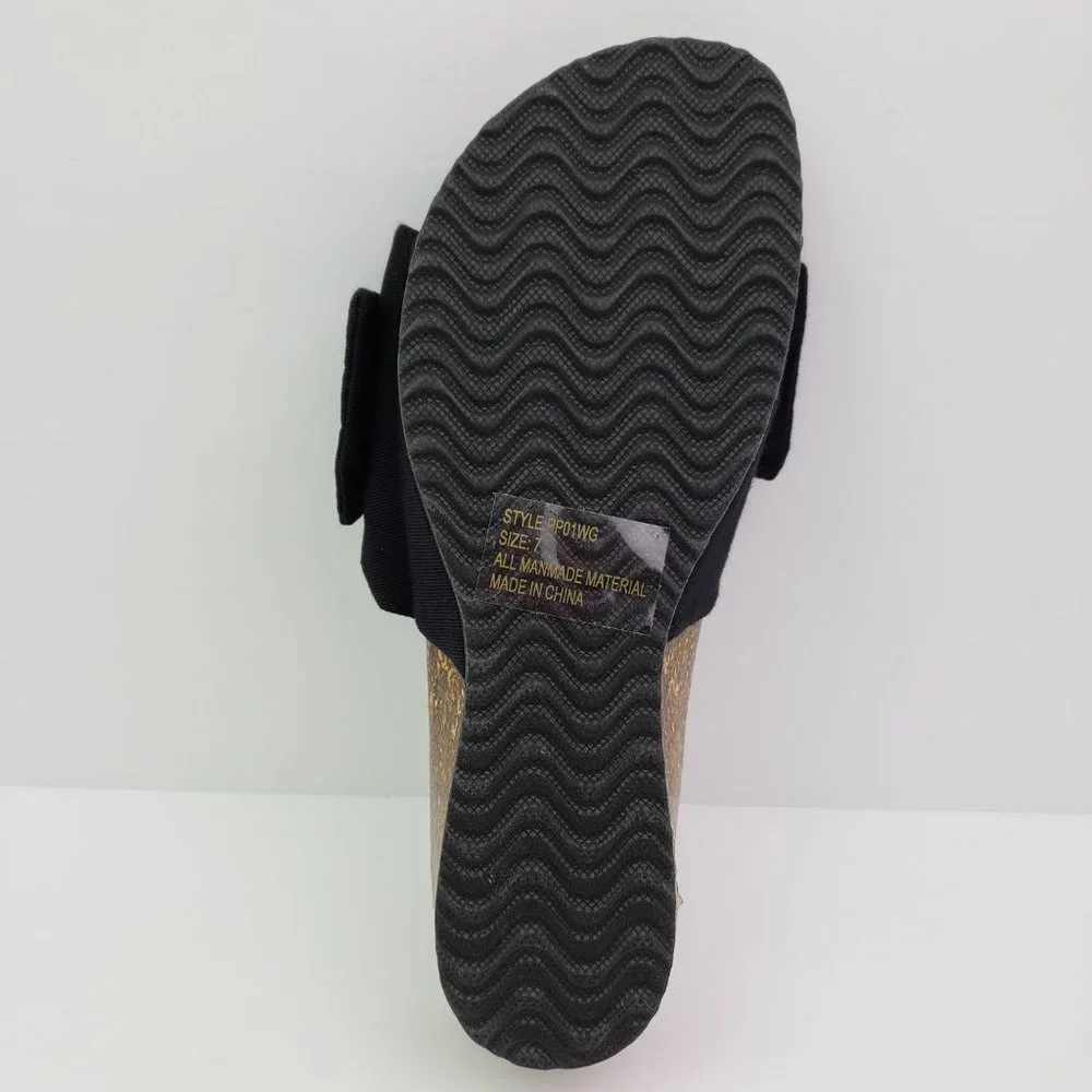 NEW PepPep Womens Size 7 Black Bow Cork Slip On Comfort Wedge Sandals PP01WG_8